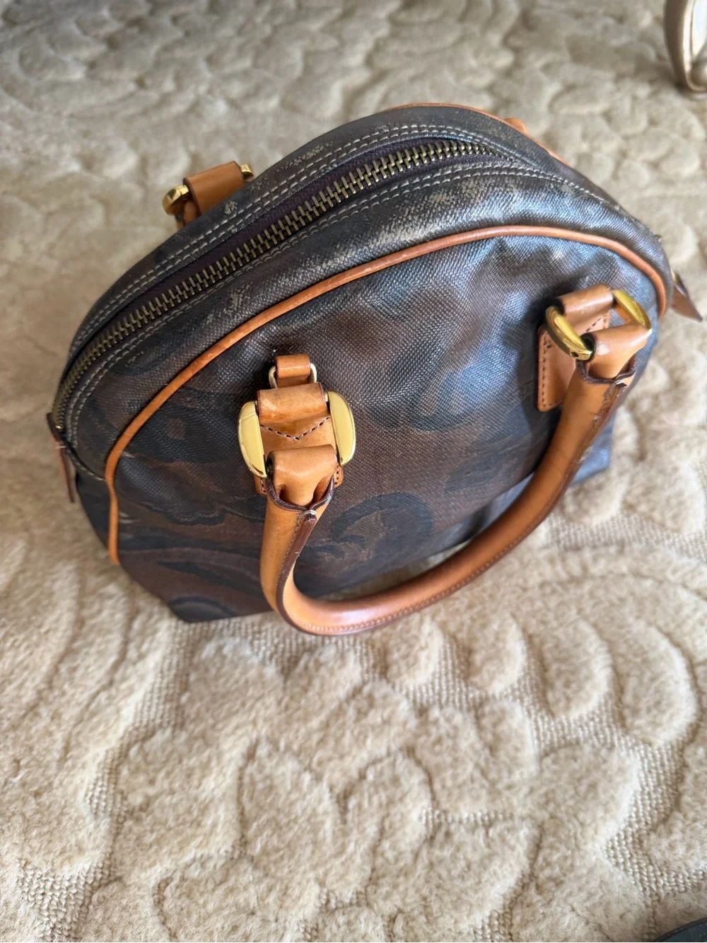 GIANFRANCO FERRE SMALL Patterned Dome Satchel -cognac LEATHER TRIM. VINTAGE
